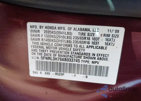 2010 Honda Odyssey Ex-L z USA, uszkodzony, nr VIN 5FNRL3H79AB033745